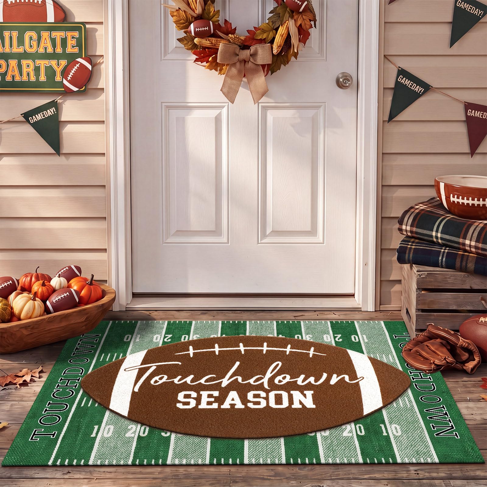 Drydiet football-shaped mat front view showing Touchdown Season design and welcoming curb appeal