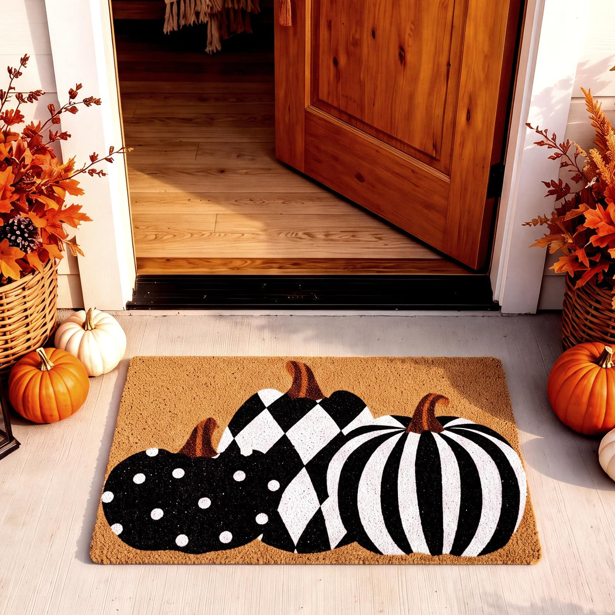 Drydiet front view of pumpkin door mat adds seasonal curb appeal