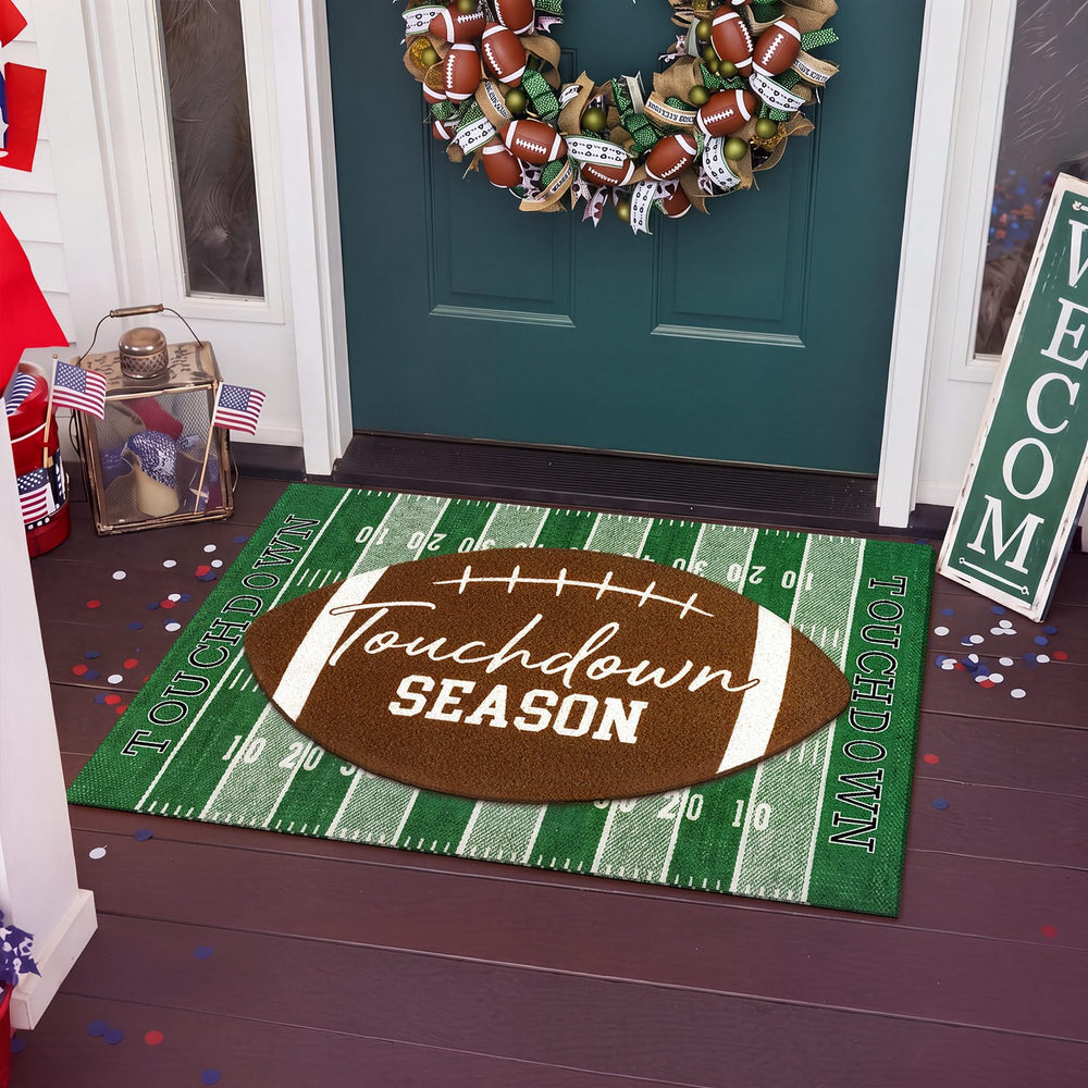 Drydiet layered mats on a covered porch styled for a game-day entry and festive atmosphere