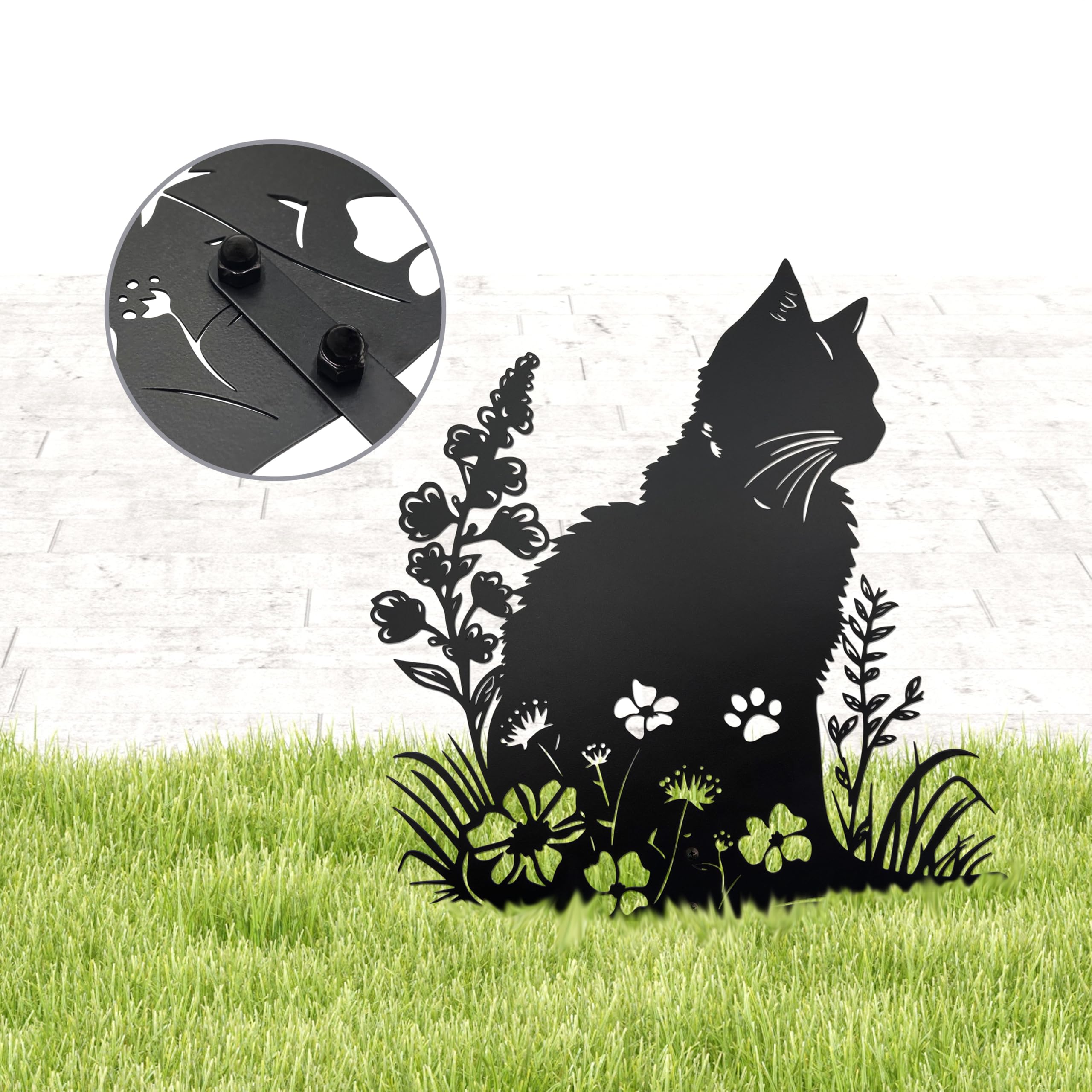 dryelves cat side profile with garden stake emphasizing stable outdoor placement