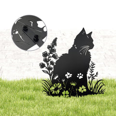 dryelves cat side profile with garden stake emphasizing stable outdoor placement