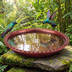 Dunkive front view of reddish-copper bird bath showing vintage finish and welcoming water