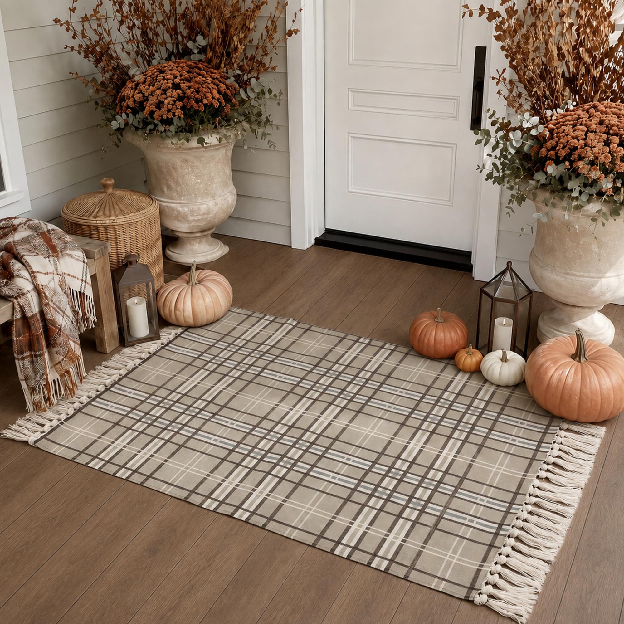 Dunzy front view of khaki buffalo plaid rug showing farmhouse welcome look