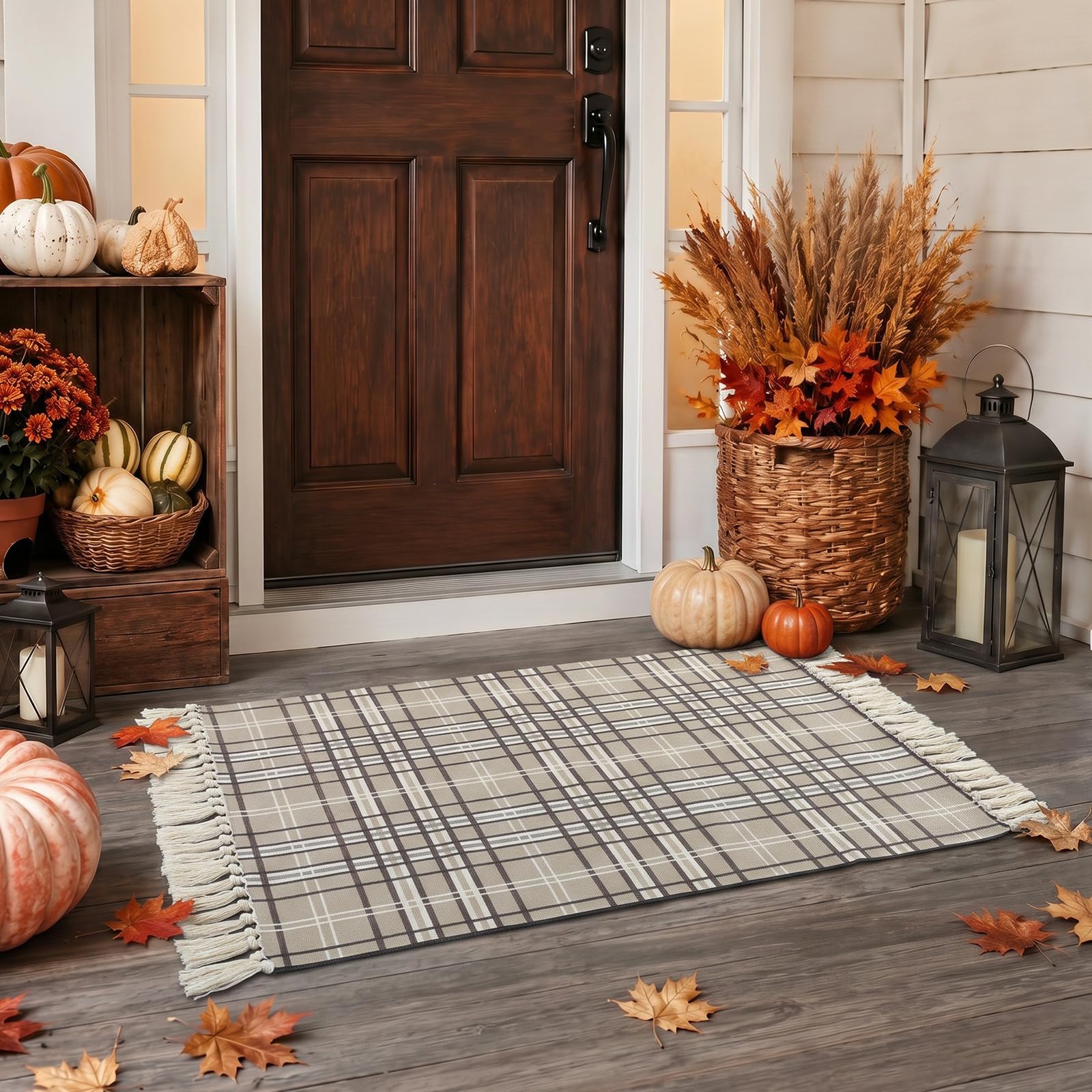 Dunzy rug styled on covered porch with pumpkins showing autumn ambience