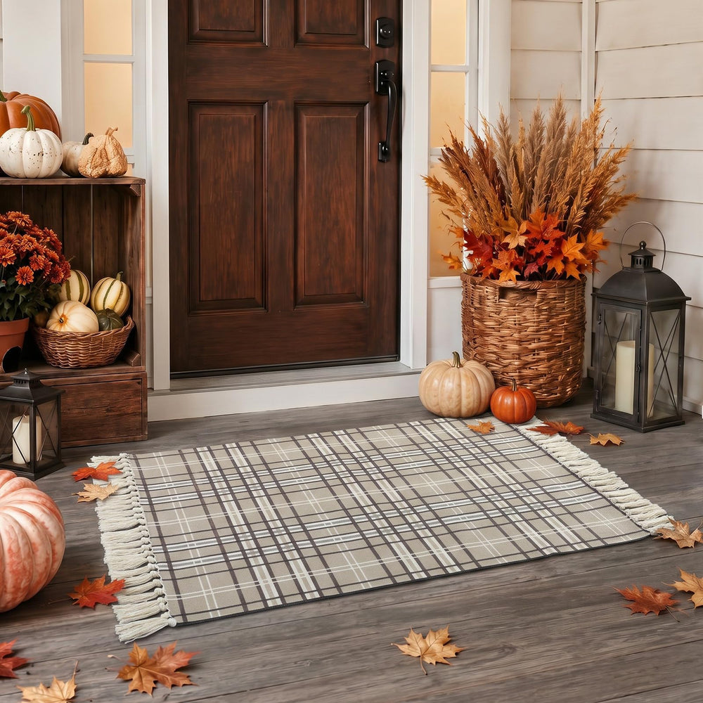Dunzy rug styled on covered porch with pumpkins showing autumn ambience