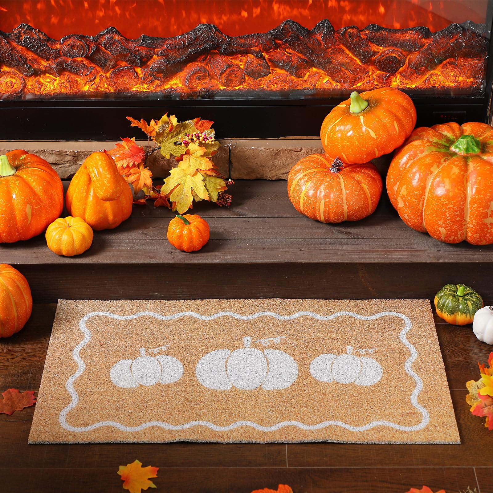 Dunzy door mat on porch styled with pumpkins providing autumn curb appeal