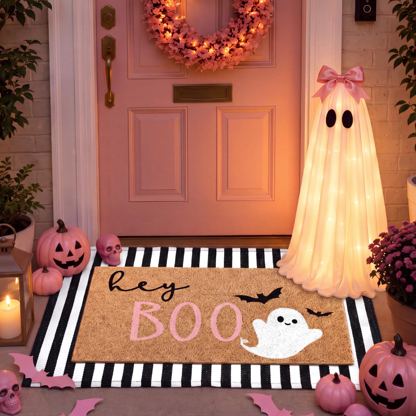 Duraaamo coir ghost welcome mat front view shows festive welcome and durable scraping