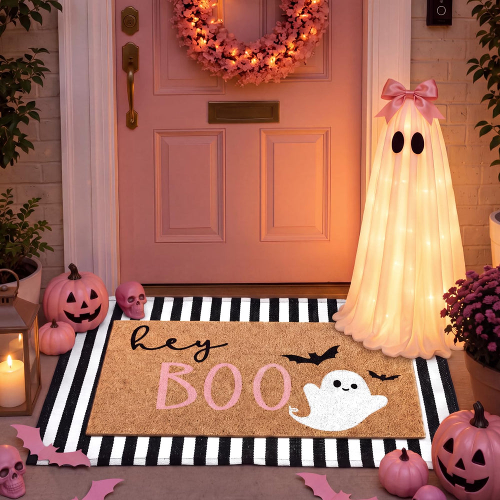 Duraaamo coir ghost welcome mat front view shows festive welcome and durable scraping