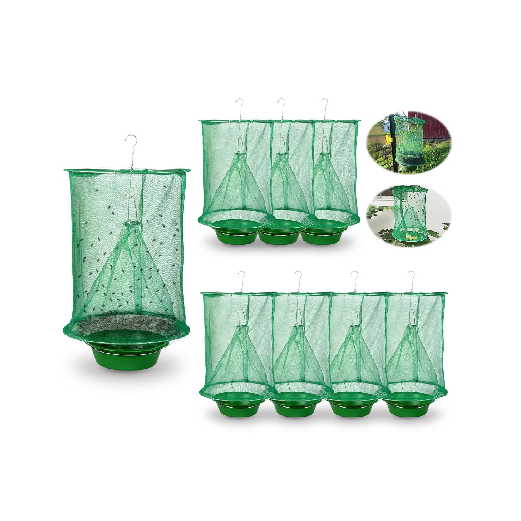 Dwcom Trap front view showing eight hanging traps reducing flies