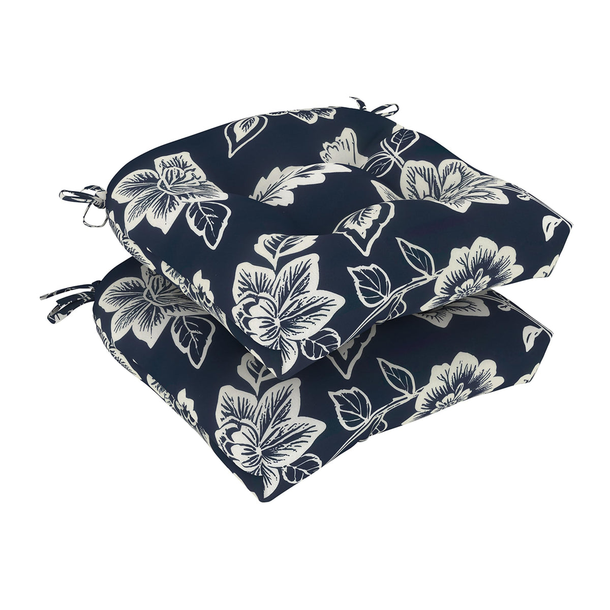 DYTXIII front view of two cushions showing navy vines pattern and curb appeal