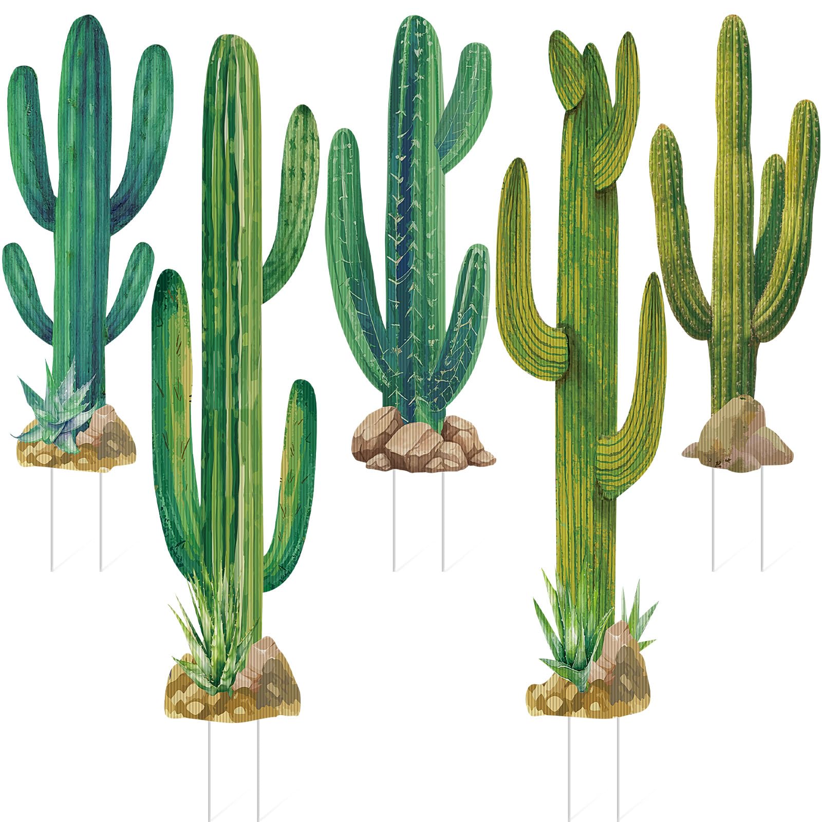 Eaasty front view of five cactus stakes showing bright colors and shapes, vibrant curb appeal