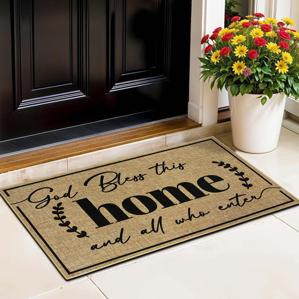 Easma front view welcome mat showing greeting and neat edges for curb appeal