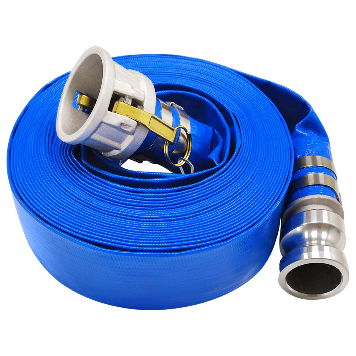 Eastrans front view of 3x50 PVC backwash hose showing length and fittings, durable connection benefit