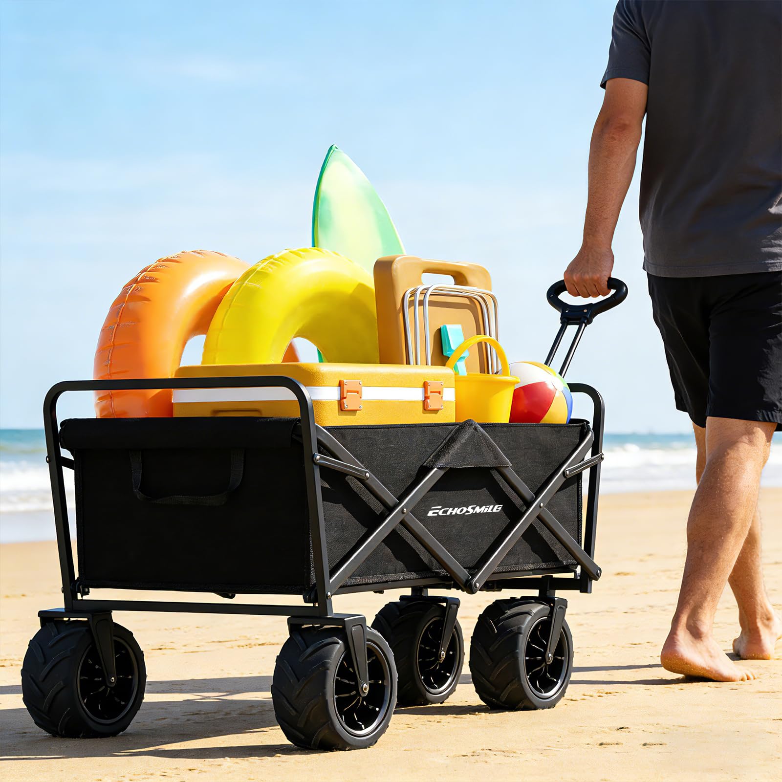 EchoSmile beach setup with gear showing effortless hauling across sand