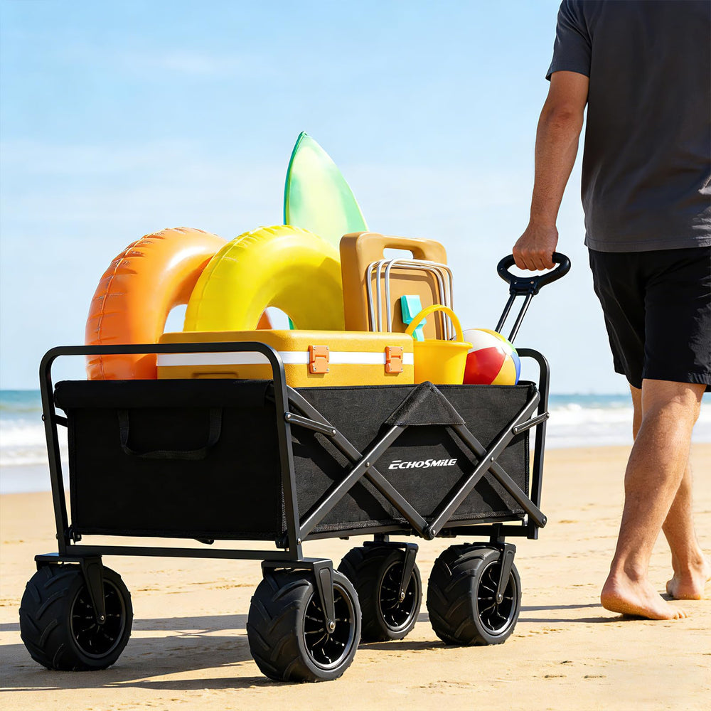 EchoSmile beach setup with gear showing effortless hauling across sand