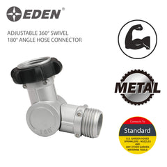 Eden connector attached to garden hose in use for tangle-free watering benefit