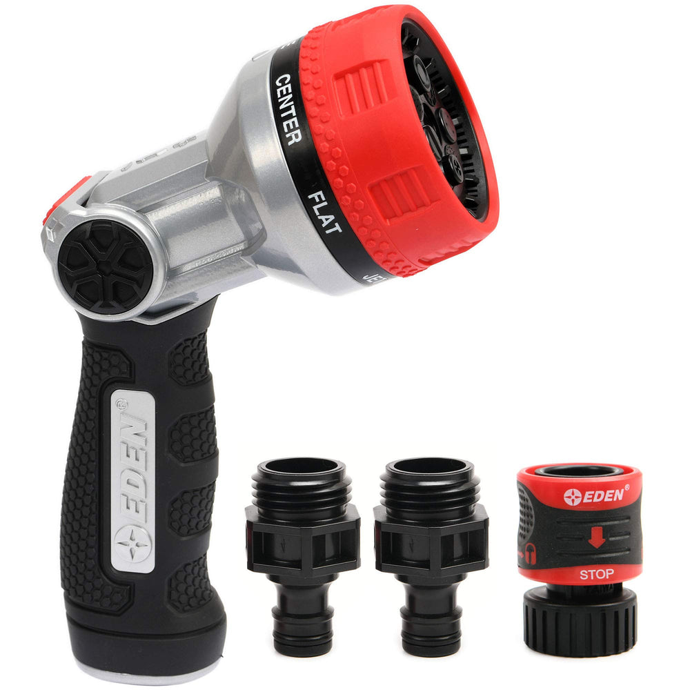 Eden metal nozzle front view showing seven-pattern face and durable build benefits