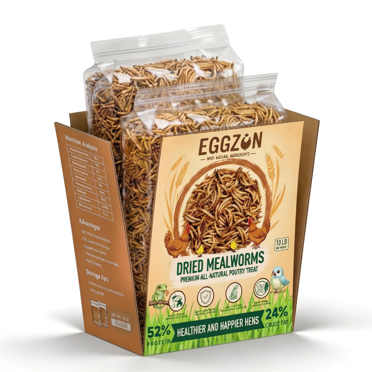 EGGZON front packaging showing two 5lb bags and brand benefit freshness