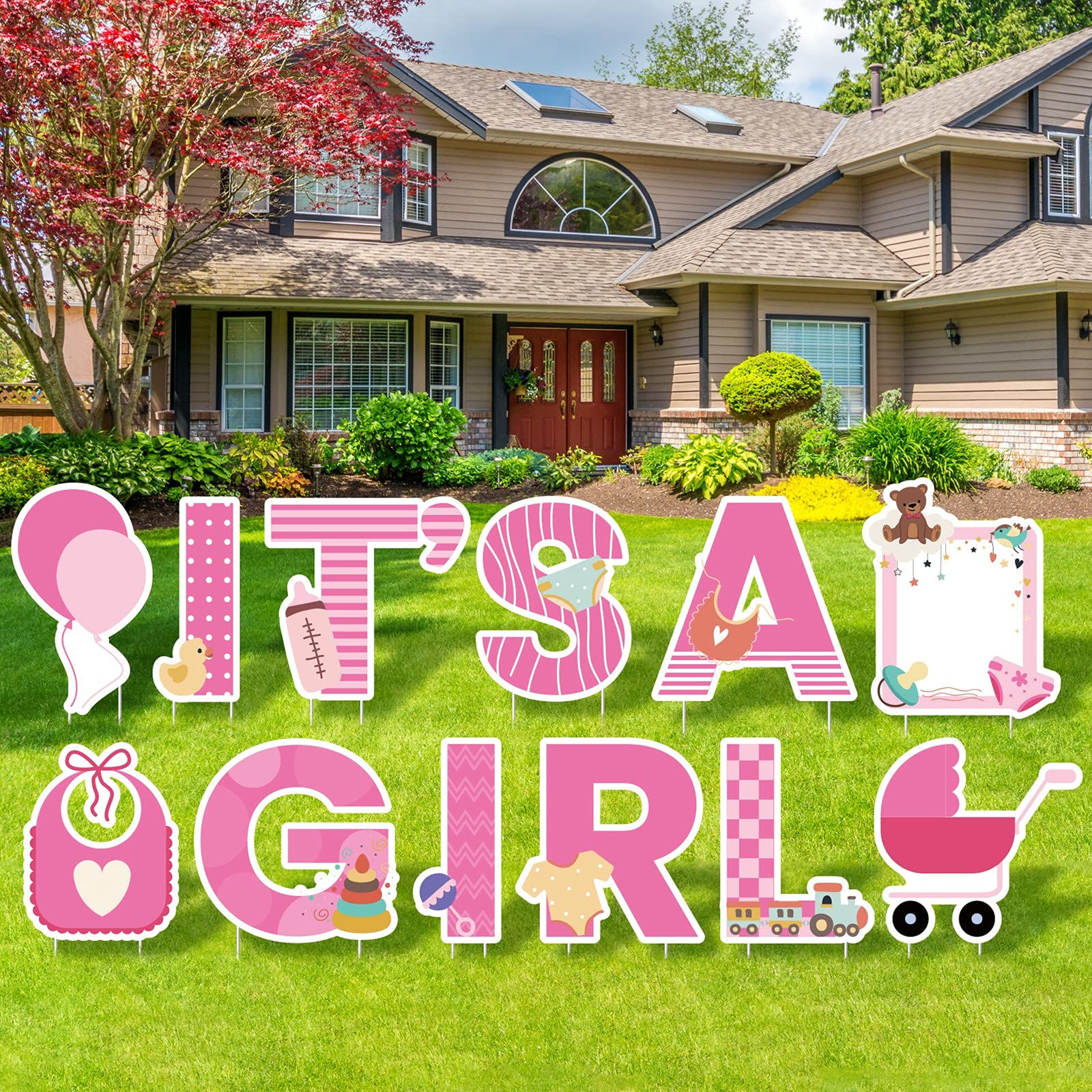 Elcoho front display of pink "It's a Girl" yard signs showing clear curb appeal