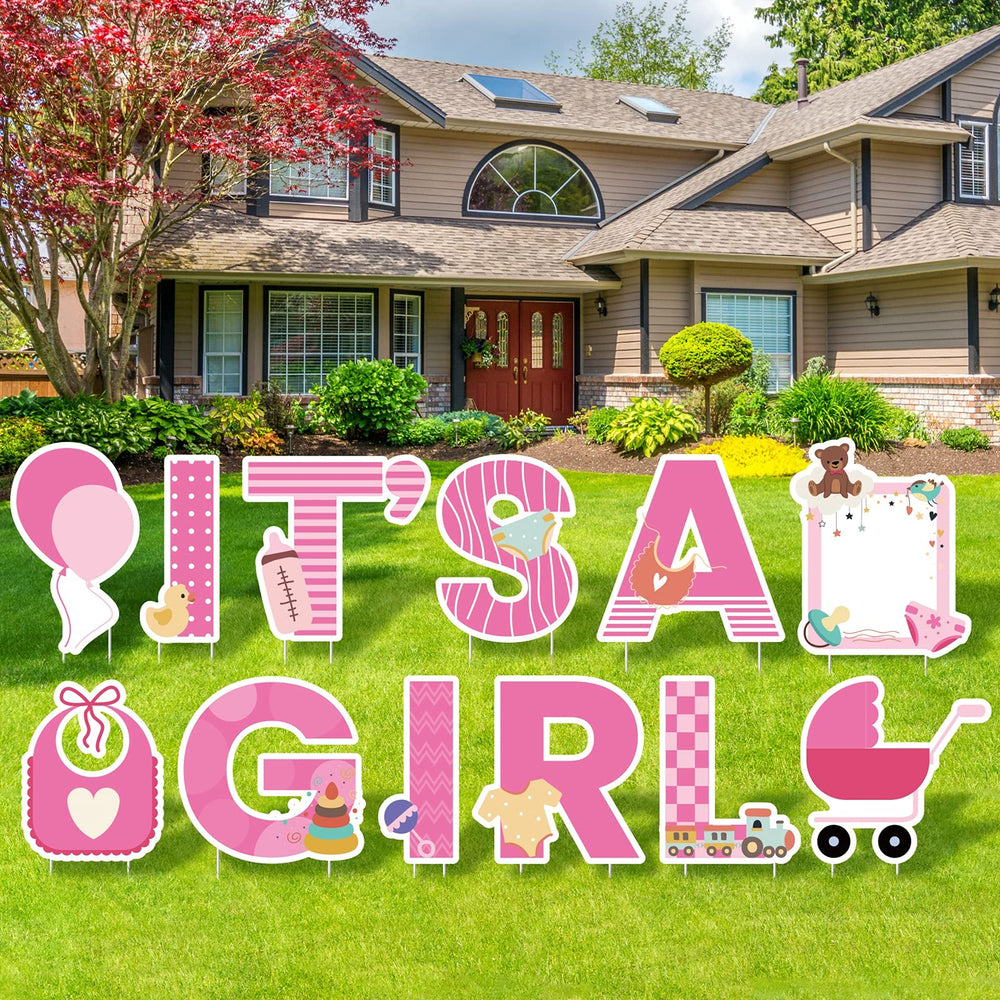 Elcoho front display of pink "It's a Girl" yard signs showing clear curb appeal