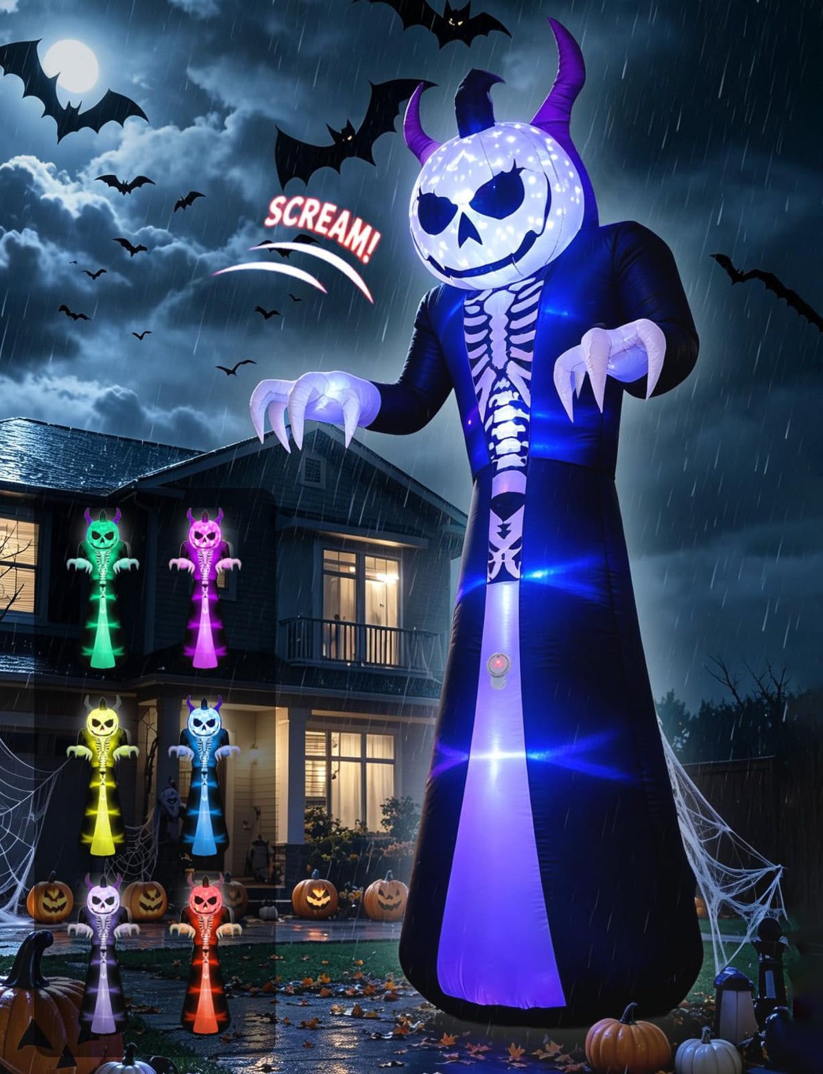 Elegear Grim Reaper front view showing towering pumpkin head and robe, creates yard focal point