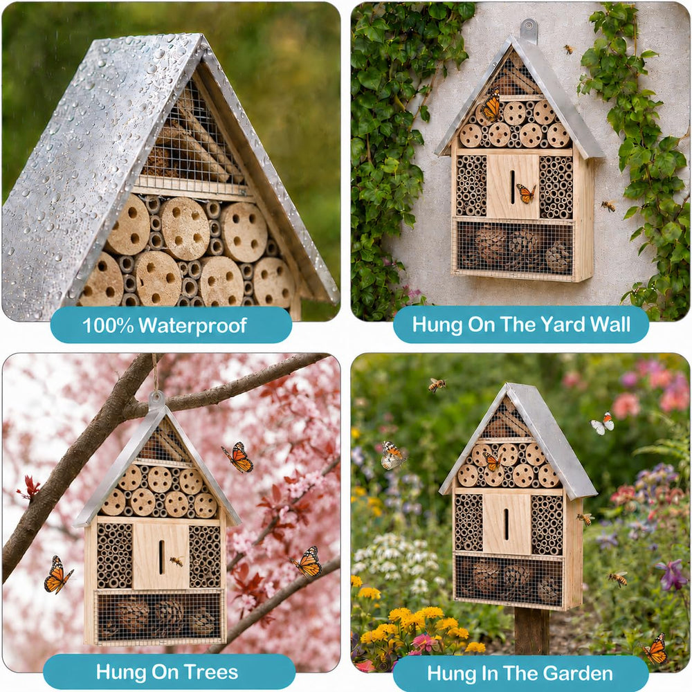 Elipark insect house mounted on fence near flowers encouraging pollinator access