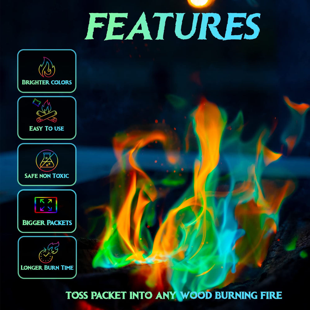 ENCHANTED FLAMES burning packet in a firepit producing vivid colors