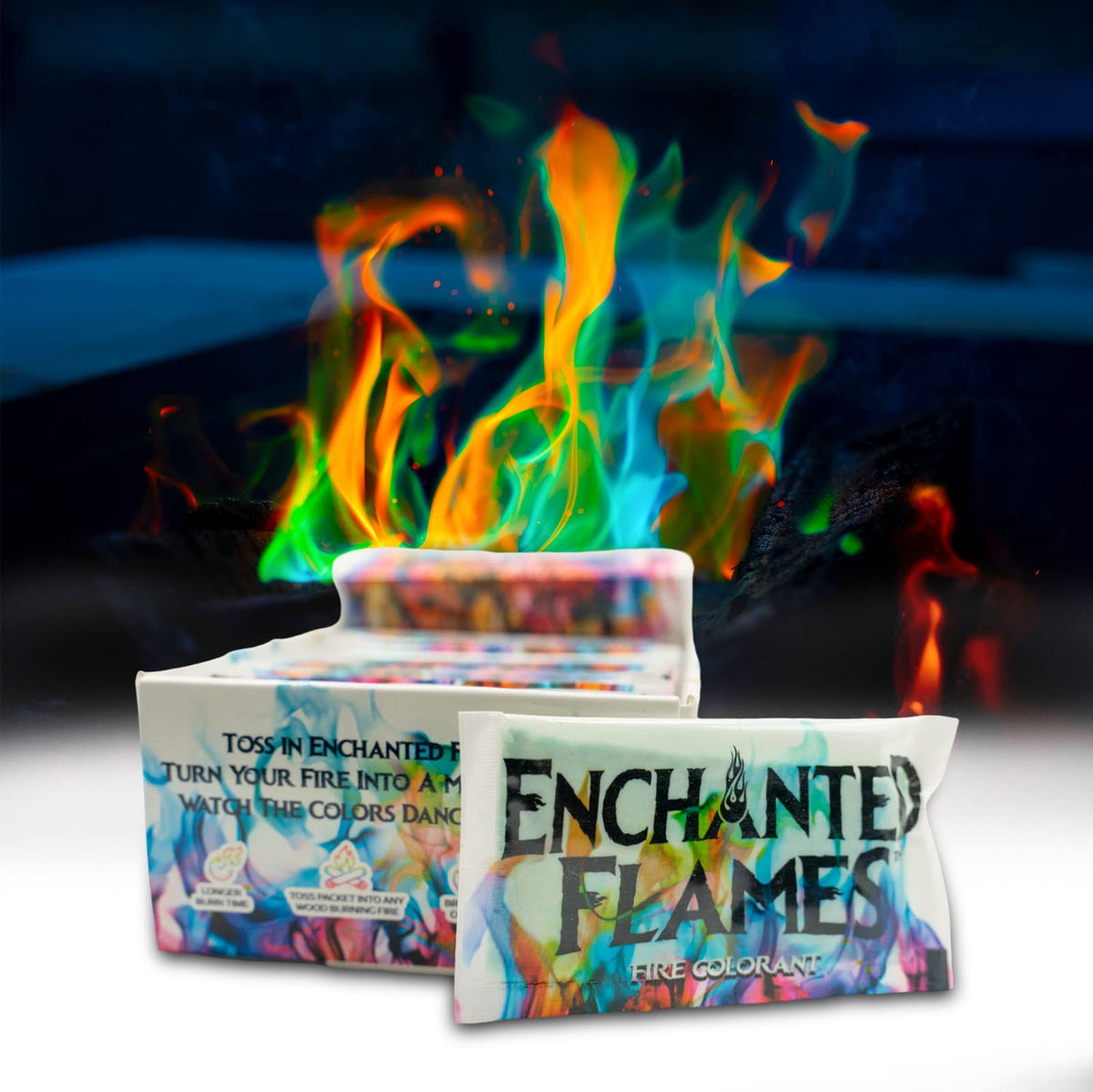 ENCHANTED FLAMES front packaging showing 25 color packets and benefits