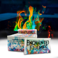 ENCHANTED FLAMES front packaging showing 25 color packets and benefits