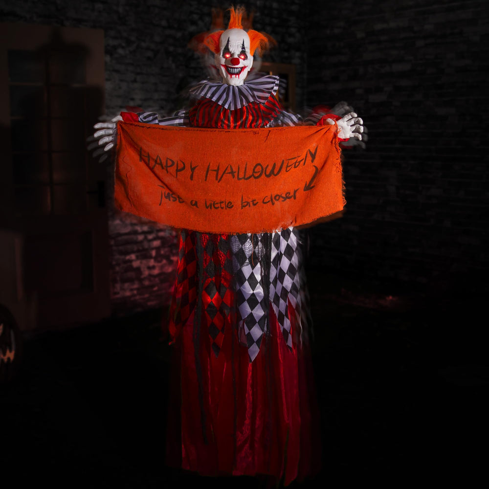 Entehaus front view of hanging clown showing full 5ft height and scary presence