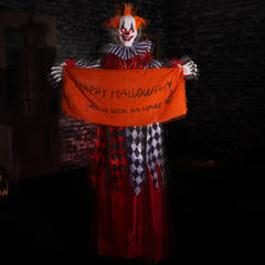 Entehaus front view of hanging clown showing full 5ft height and scary presence