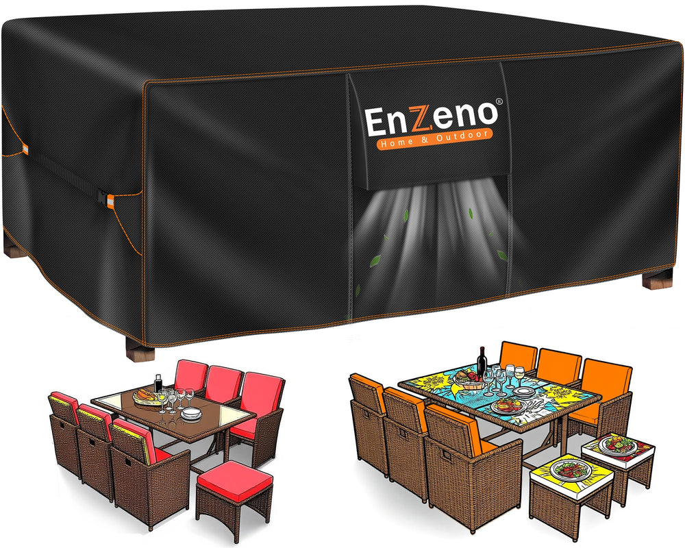 Enzeno front view on patio protecting table and chairs, shows full coverage benefit