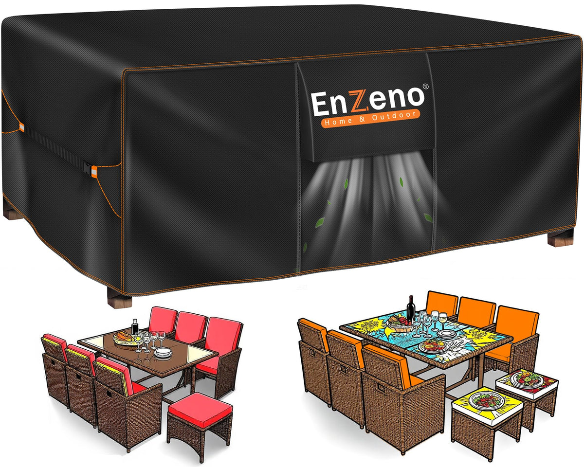 Enzeno front view on patio protecting table and chairs, shows full coverage benefit
