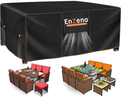 Enzeno front view on patio protecting table and chairs, shows full coverage benefit