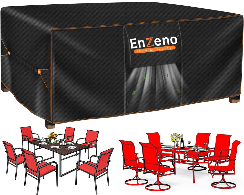 Enzeno front view showing full rectangular cover protecting table and chairs