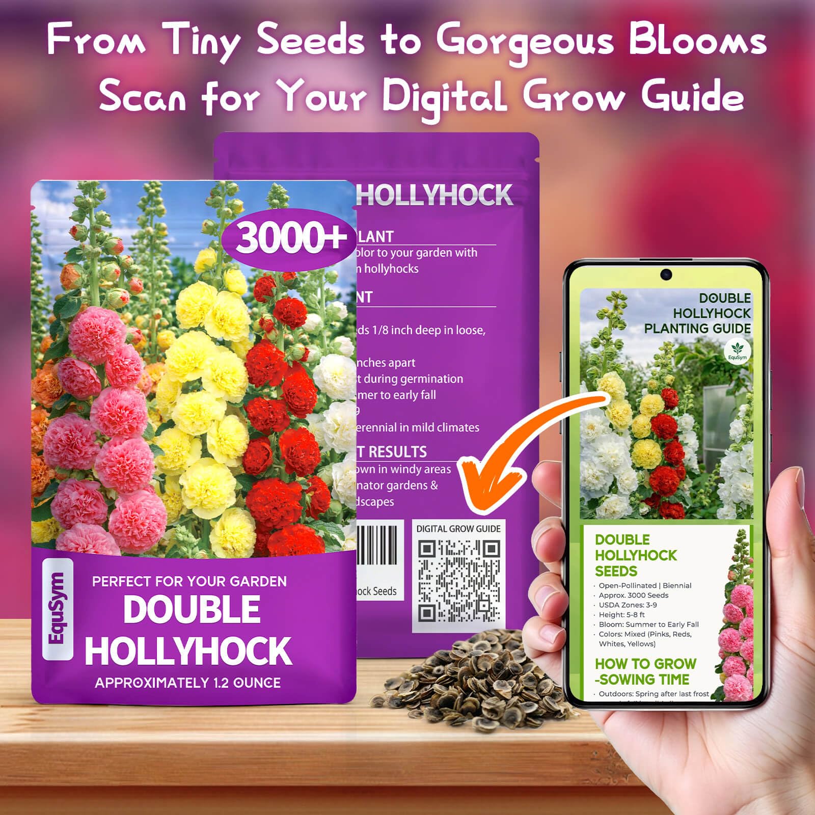EquSym mixed hollyhock blooms showcasing double flowers and rich color benefit