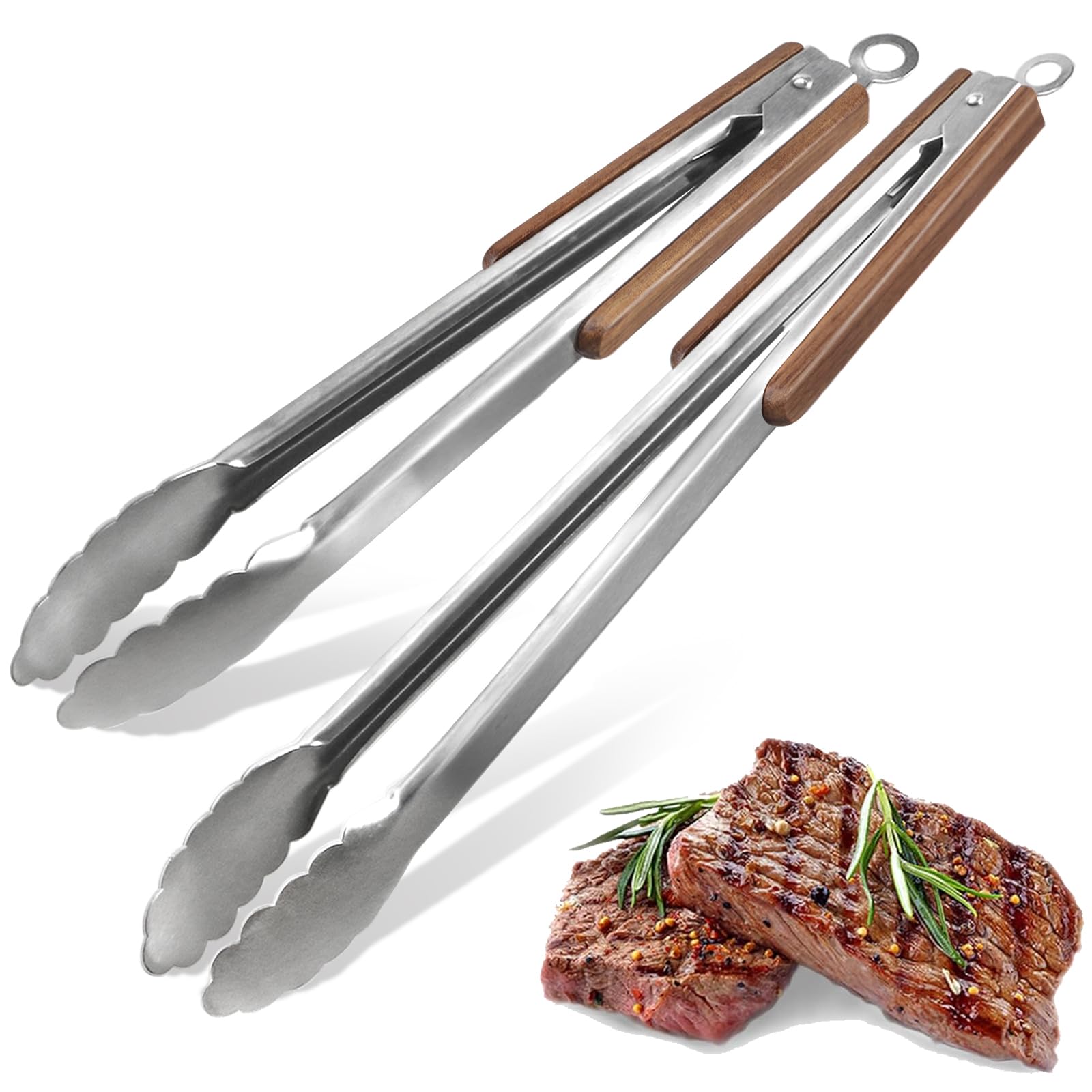 Esie Houzie front view showing 16" and 12" tongs for versatile grilling