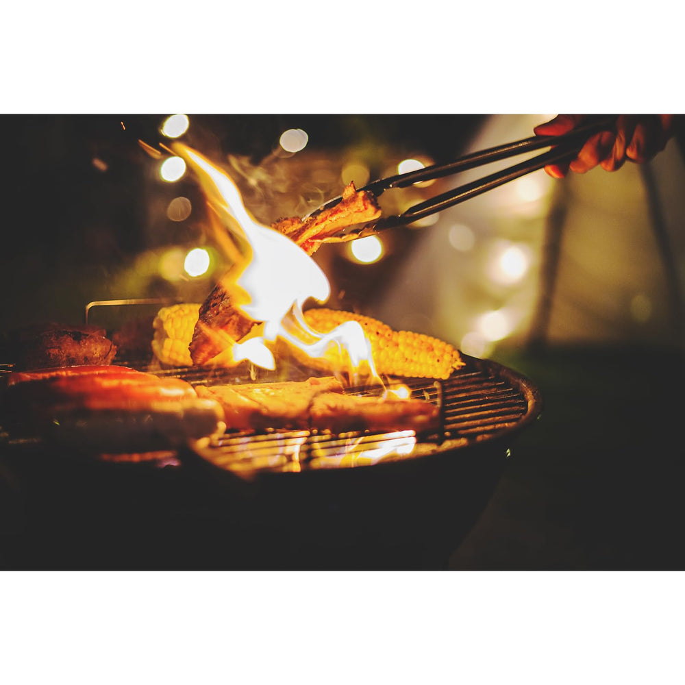 Esie Houzie pair on charcoal grill demonstrating long-reach heat safety