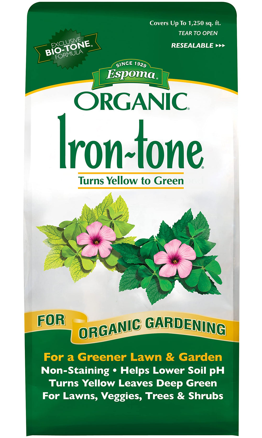 Espoma Iron-Tone front bag showing product and benefit: corrects chlorosis