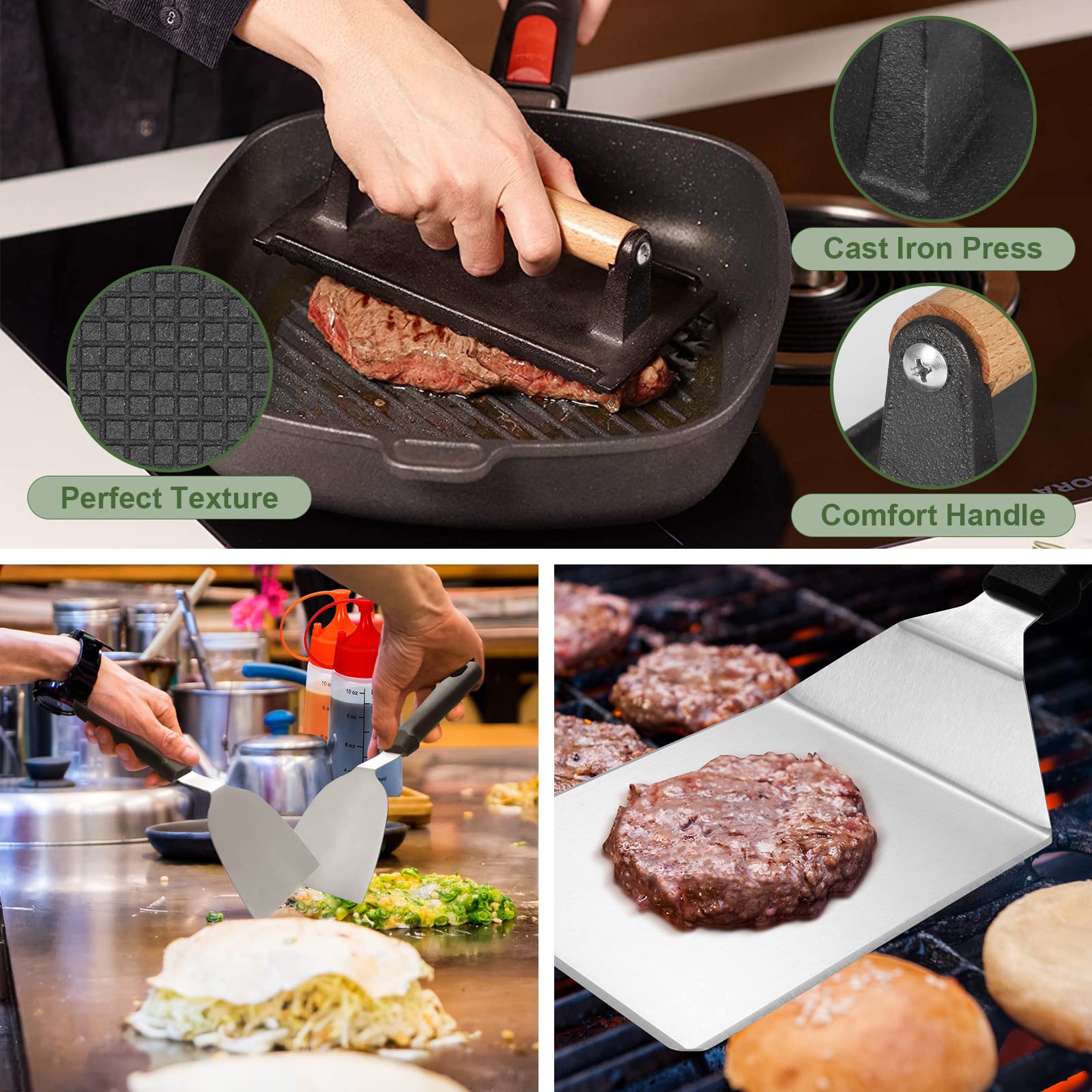 EWFEN tools in use on a Blackstone griddle showing efficient flipping