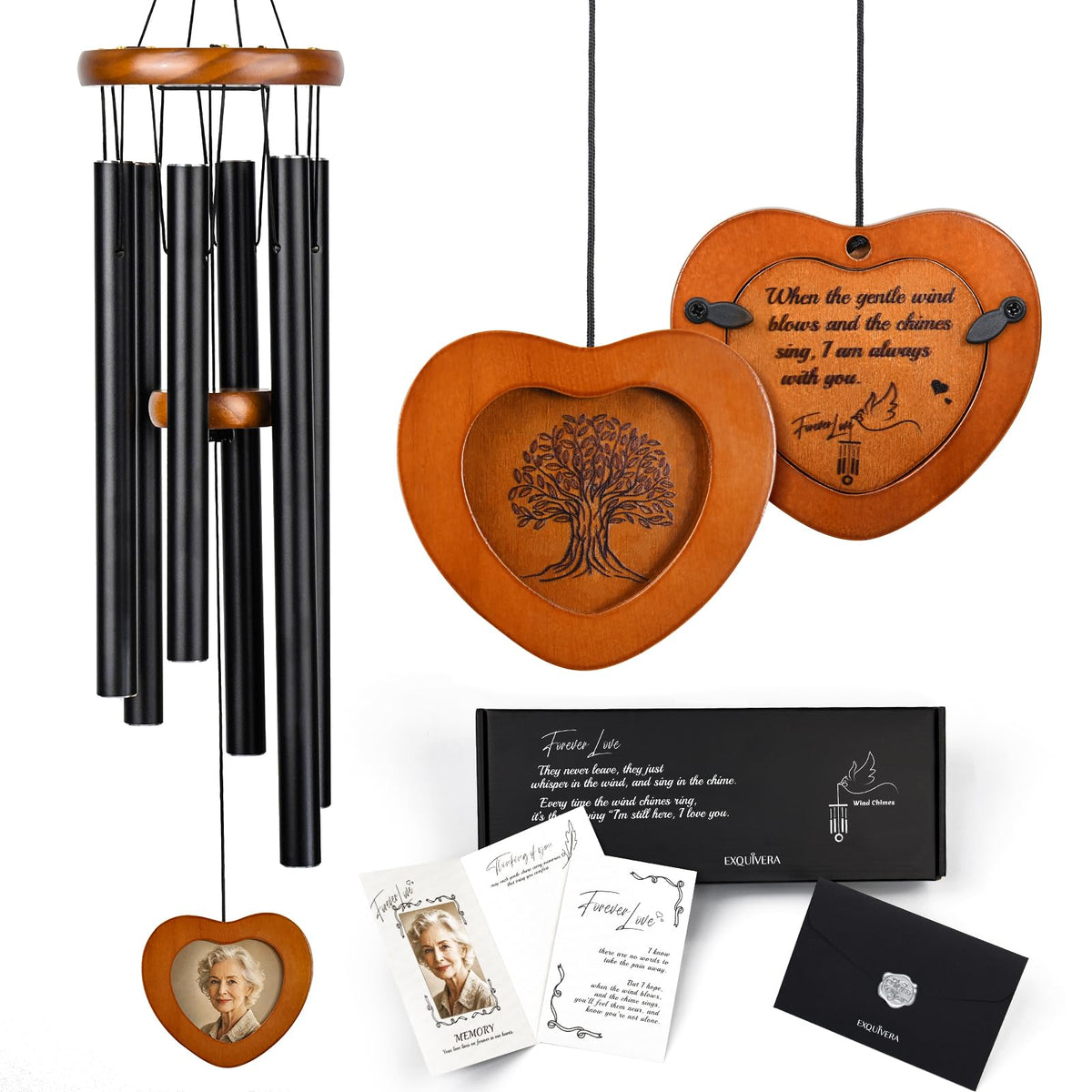 EXQUIVERA wind chime front packaging showing elegant gift box and kraft wrap