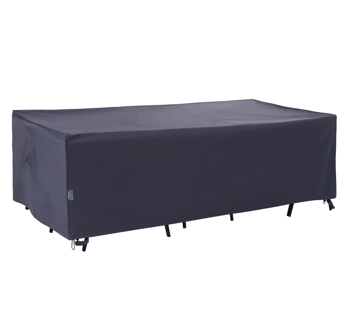 F&J Outdoors front view of grey patio table cover protecting a rectangular table