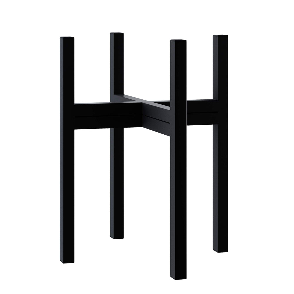 FaithLand front view of black metal plant stand showing clean mid-century silhouette and stability