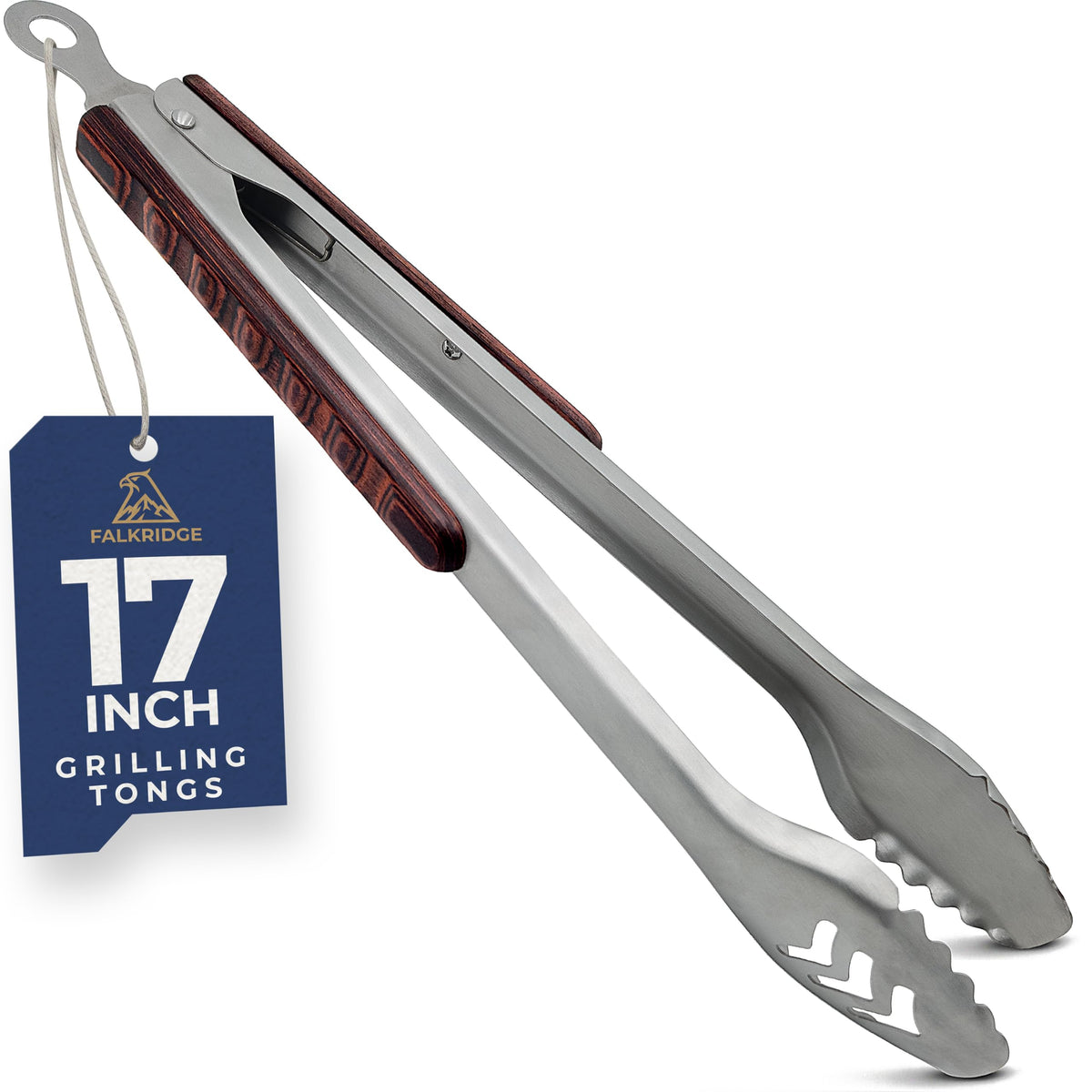 Falkridge front packaging showing full-length grill tongs and benefits