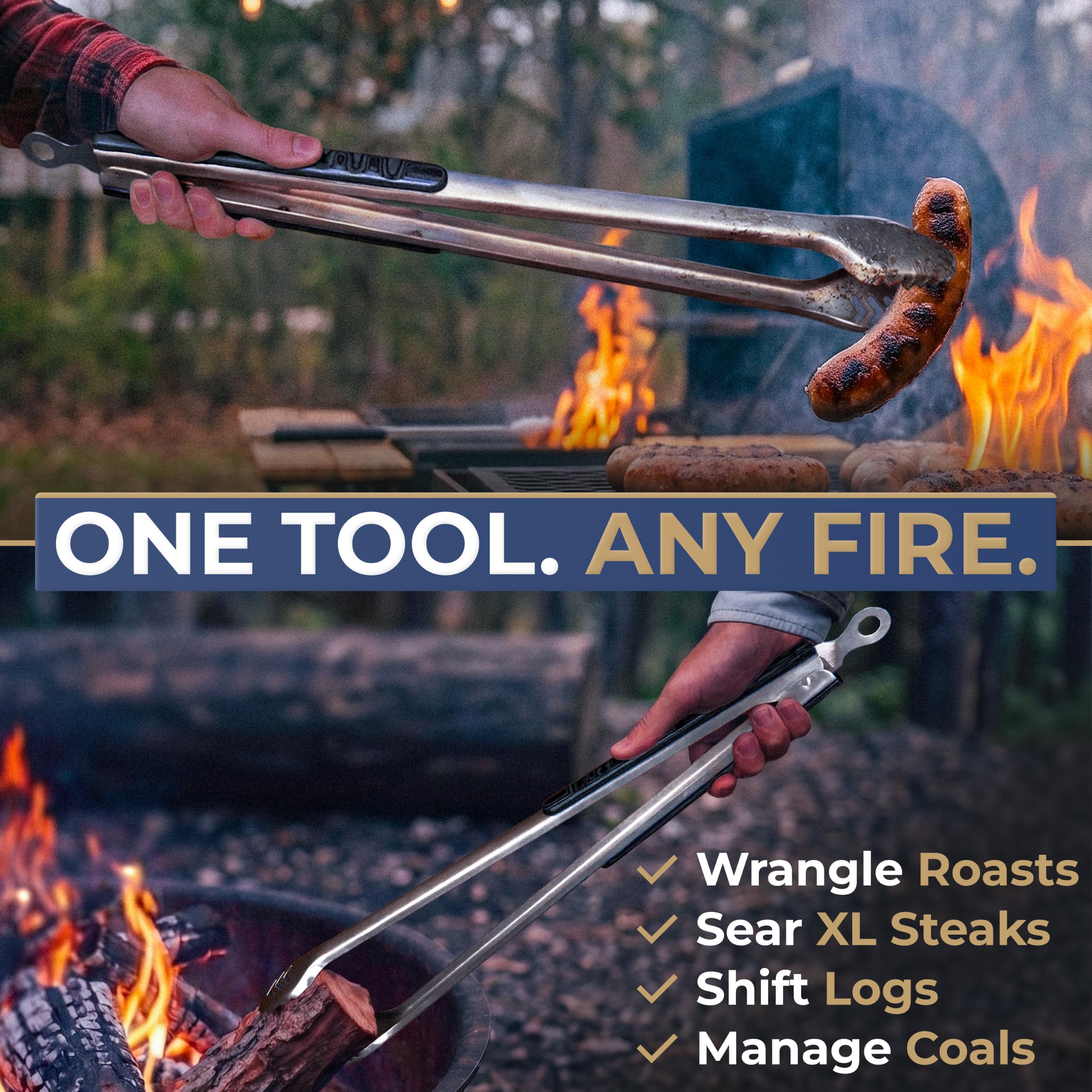 Falkridge tongs moving burning log at firepit showing safe heat management benefit