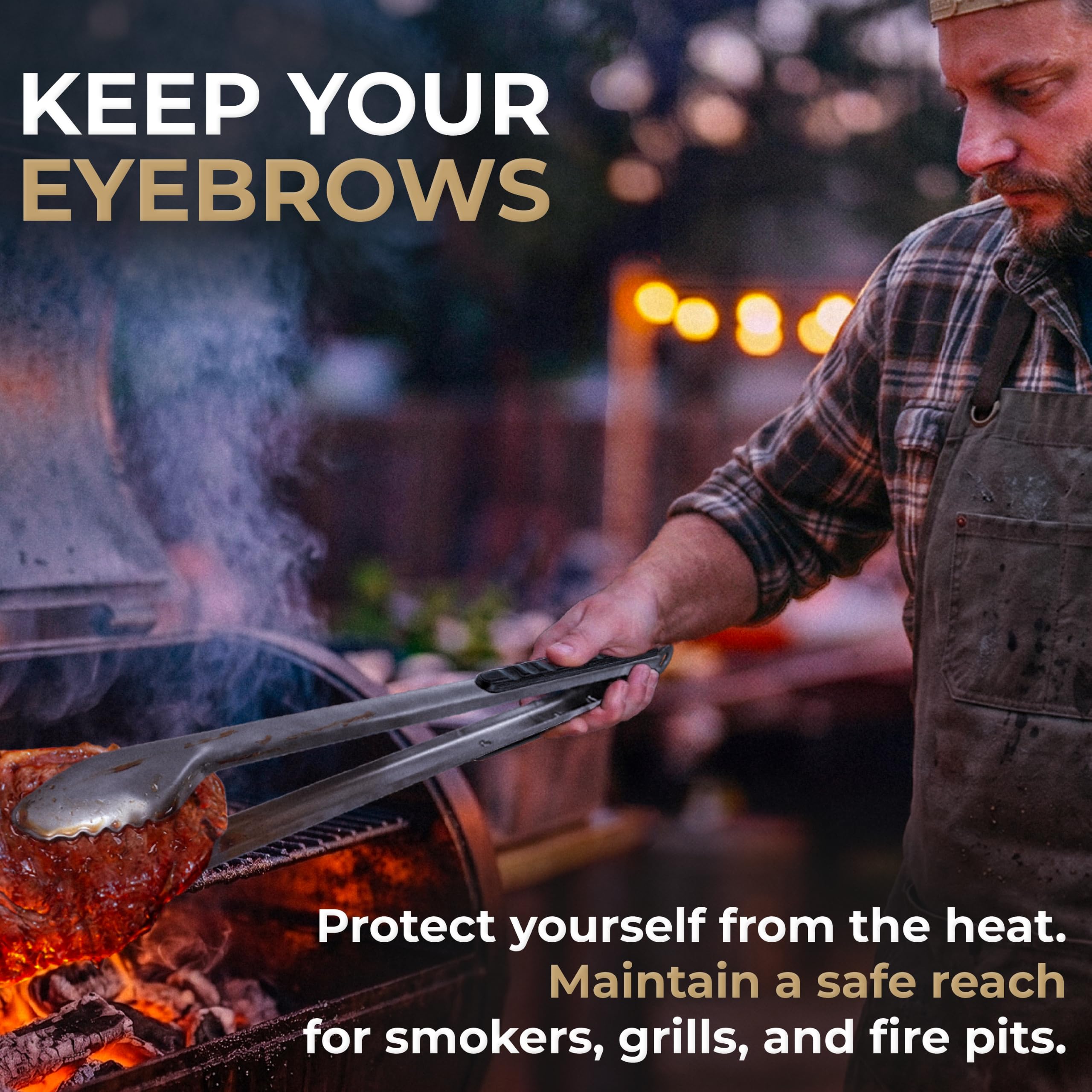 Falkridge tongs lifting steak on grill demonstrating precise control benefit