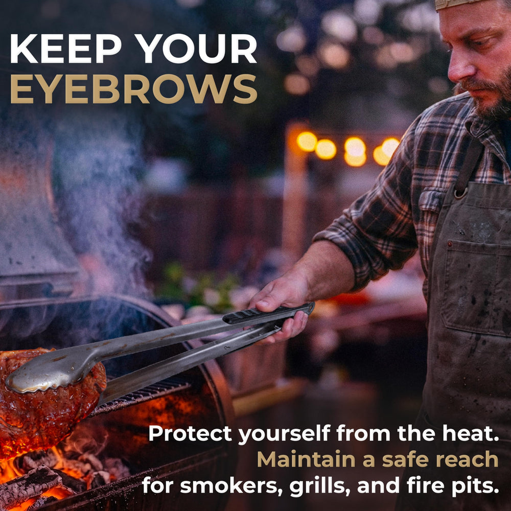 Falkridge tongs lifting steak on grill demonstrating precise control benefit
