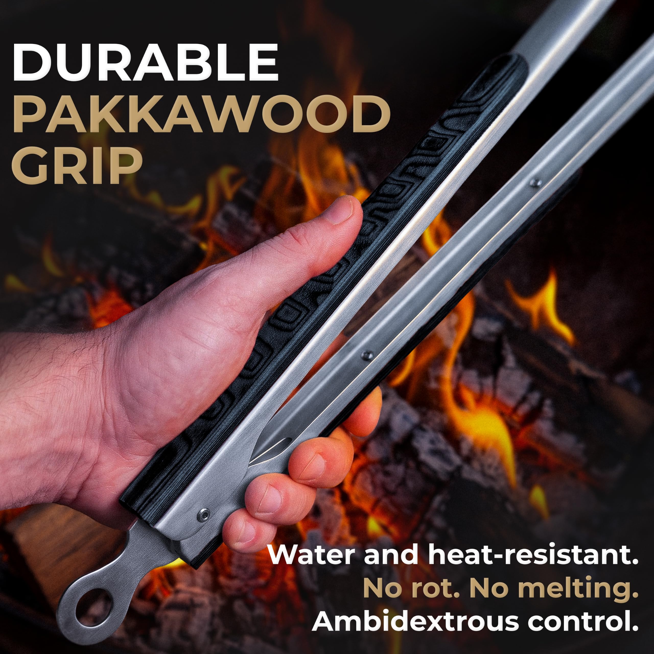 Falkridge tongs beside ruler showing 22.5-inch reach for safe distance benefit