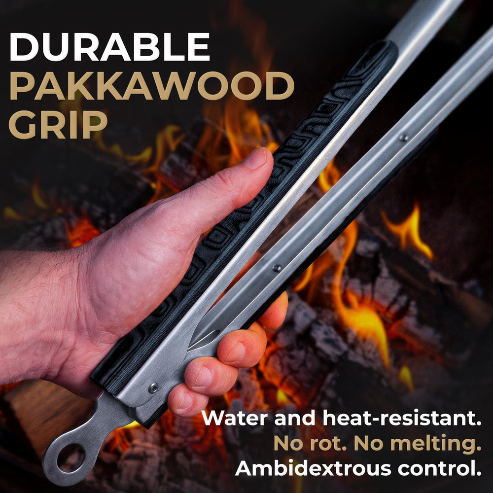 Falkridge tongs beside ruler showing 22.5-inch reach for safe distance benefit
