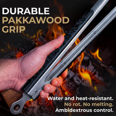 Falkridge tongs beside ruler showing 22.5-inch reach for safe distance benefit